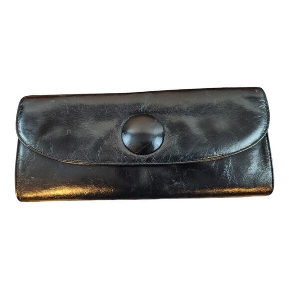 Hobo international black leather clutch with handle on back kiss lock coin purse - Picture 1 of 16